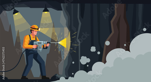 Flat vector of miner operating pneumatic drill on rock wall underground, hard work and industrial energy concept