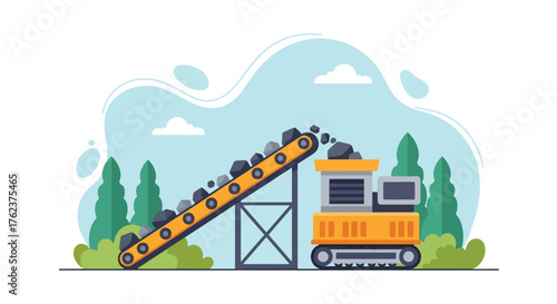Flat vector of conveyor belt feeding rocks into crusher machine at mine site, industrial production process scene