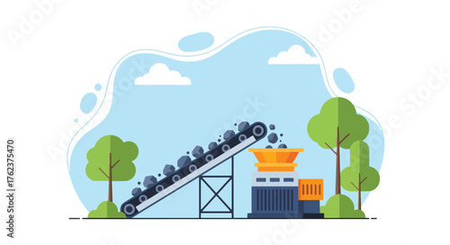 Flat vector of conveyor belt feeding rocks into crusher machine at mine site, industrial production process scene