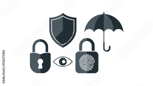 Cybersecurity themed image showing a lock, shield, umbrella, fingerprint and eye icon.