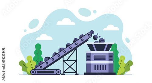 Flat vector of conveyor belt feeding rocks into crusher machine at mine site, industrial production process scene