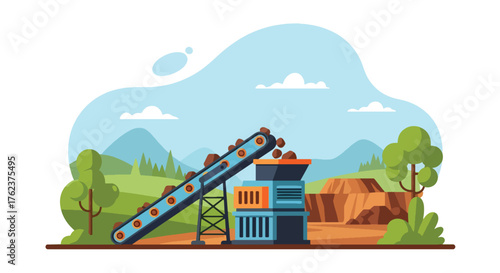 Flat vector of conveyor belt feeding rocks into crusher machine at mine site, industrial production process scene
