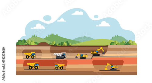 Flat vector of open-pit mining cross-section with trucks and soil layers, educational geology and extraction theme