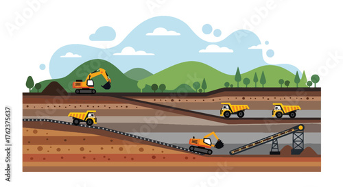 Flat vector of open-pit mining cross-section with trucks and soil layers, educational geology and extraction theme