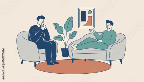 Two people in a therapy session, patient and clinician in a minimalist office, engaging in a supportive conversation about mental health, listening, guidance, and care