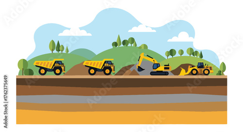 Flat vector of open-pit mining cross-section with trucks and soil layers, educational geology and extraction theme