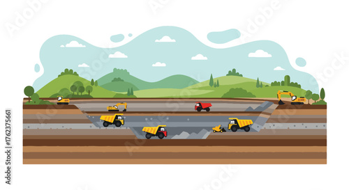 Flat vector of open-pit mining cross-section with trucks and soil layers, educational geology and extraction theme