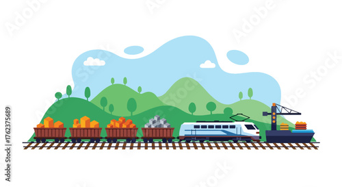 Flat vector of train transporting mined materials from quarry to port, industrial logistics and export theme