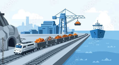 Flat vector of train transporting mined materials from quarry to port, industrial logistics and export theme