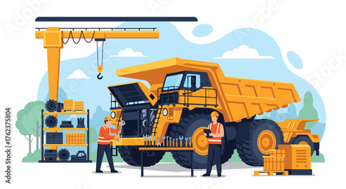 Flat vector of engineers repairing mining truck inside maintenance workshop, teamwork and safety operation scene