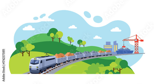 Flat vector of train transporting mined materials from quarry to port, industrial logistics and export theme