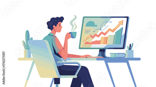 An individual, engrossed in analyzing financial data, sips coffee at a desk.