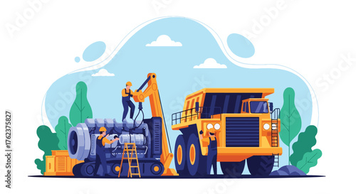 Flat vector of engineers repairing mining truck inside maintenance workshop, teamwork and safety operation scene