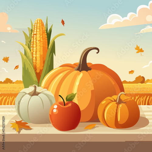 Autumn Harvest Pumpkin and Corn Arrangement — Festive Thanksgiving Vector