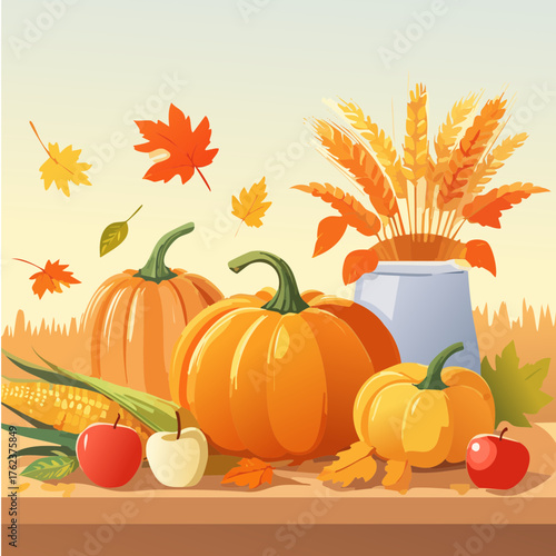 Autumn Harvest Pumpkin and Corn Arrangement — Festive Thanksgiving Vector