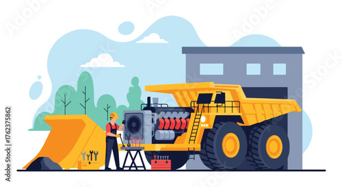 Flat vector of engineers repairing mining truck inside maintenance workshop, teamwork and safety operation scene
