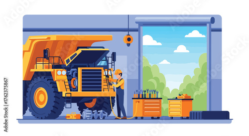 Flat vector of engineers repairing mining truck inside maintenance workshop, teamwork and safety operation scene