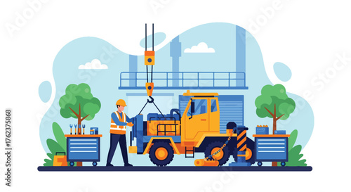 Flat vector of engineers repairing mining truck inside maintenance workshop, teamwork and safety operation scene