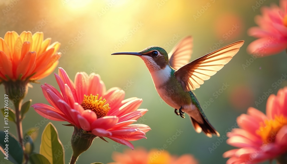 Fototapeta premium Hummingbird flies near pink flowers in sunlight. Bird hovers above flower with outstretched wings. Green hummingbird with white breast feeds from orange flowers in sunny garden. Beautiful nature