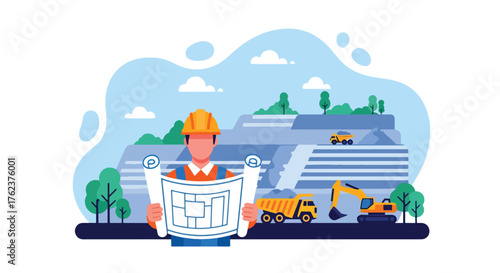 Flat vector of engineer holding mining blueprint at open-pit site, industry planning and project management theme
