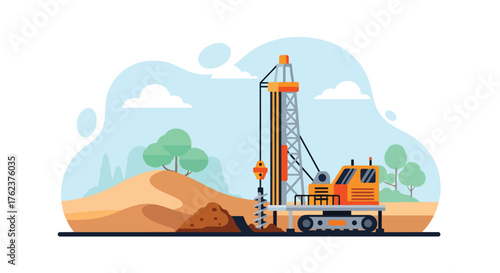 Flat vector of drilling rig exploring mineral deposits in desert landscape, resource extraction and geology concept