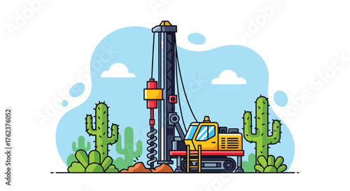 Flat vector of drilling rig exploring mineral deposits in desert landscape, resource extraction and geology concept