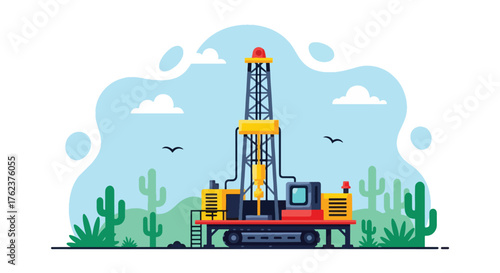Flat vector of drilling rig exploring mineral deposits in desert landscape, resource extraction and geology concept