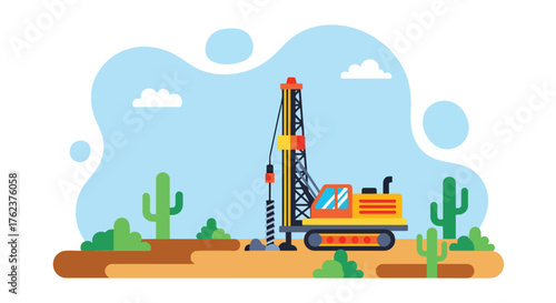 Flat vector of drilling rig exploring mineral deposits in desert landscape, resource extraction and geology concept