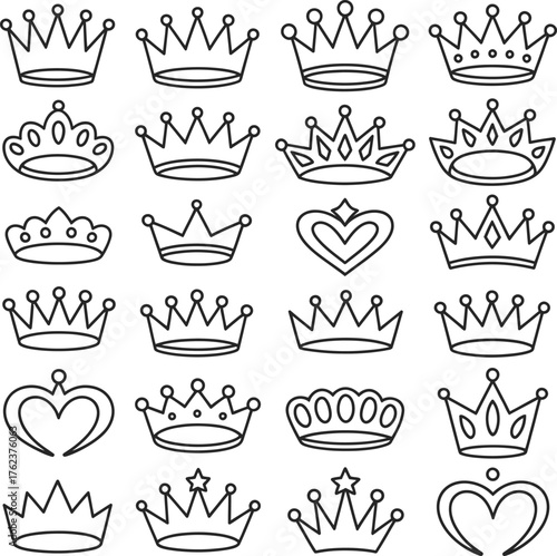 Collection of doodle style crowns tiaras and royal symbols isolated on white background