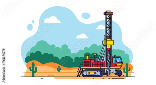 Flat vector of drilling rig exploring mineral deposits in desert landscape, resource extraction and geology concept