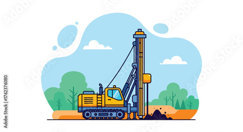 Flat vector of drilling rig exploring mineral deposits in desert landscape, resource extraction and geology concept