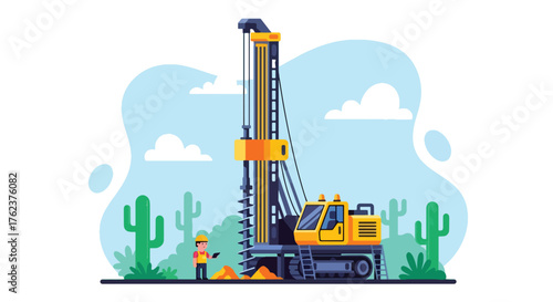 Flat vector of drilling rig exploring mineral deposits in desert landscape, resource extraction and geology concept