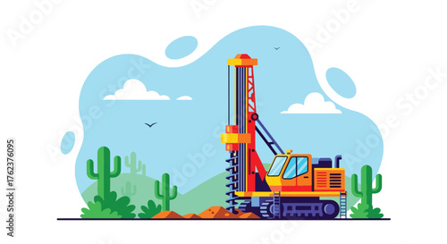 Flat vector of drilling rig exploring mineral deposits in desert landscape, resource extraction and geology concept