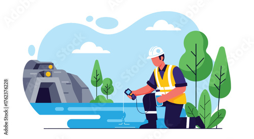 Flat vector of environmental officer testing water near mining site, eco-friendly monitoring and sustainability concept