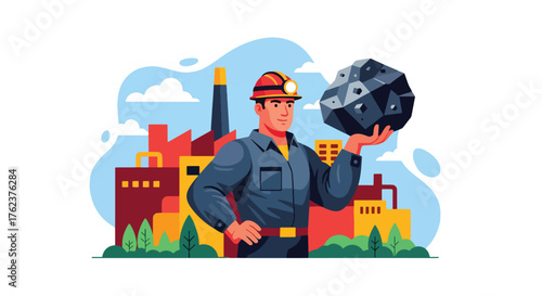 Flat vector portrait of coal miner holding mineral ore with pride, symbolizing strength, courage, and dedication