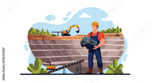 Flat vector portrait of coal miner holding mineral ore with pride, symbolizing strength, courage, and dedication