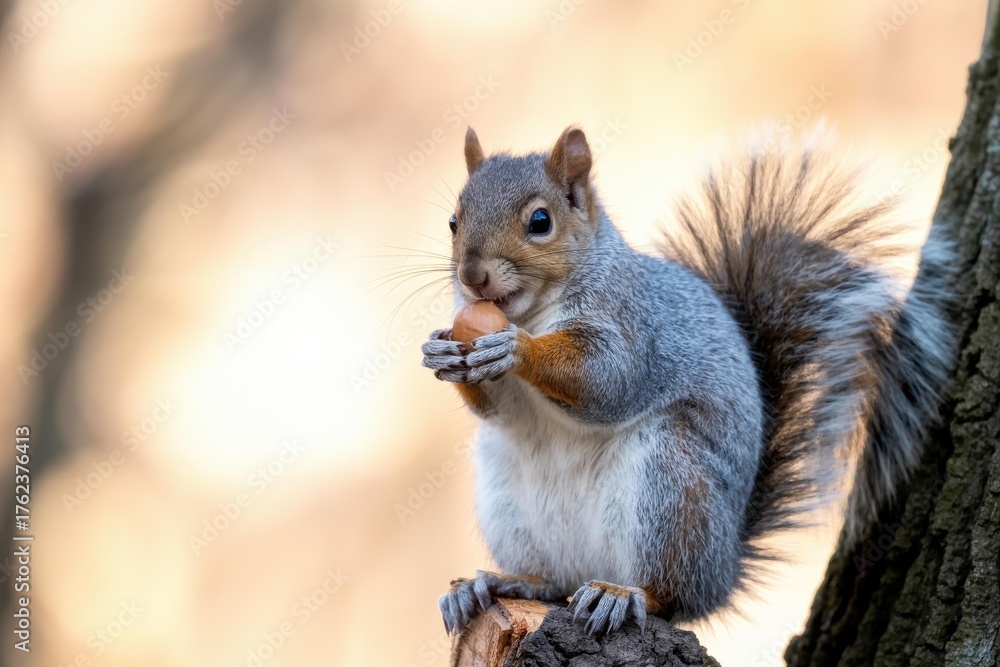 Obraz premium Eastern Gray Squirrel Eating Acorn, Autumn Golden Bokeh, Copy Space