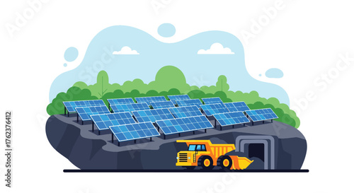 Flat vector of sustainable mining site powered by solar panels and electric trucks, eco-friendly green energy industry
