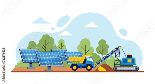 Flat vector of sustainable mining site powered by solar panels and electric trucks, eco-friendly green energy industry