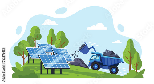 Flat vector of sustainable mining site powered by solar panels and electric trucks, eco-friendly green energy industry