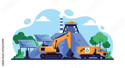 Flat vector of sustainable mining site powered by solar panels and electric trucks, eco-friendly green energy industry