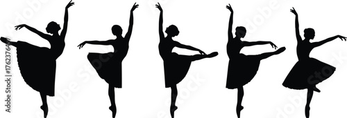 Ballet dancer silhouette, graceful pose, classical movement, black figure illustration, standing leg lift, elegant icon, dance vector, skirt detail, symmetry