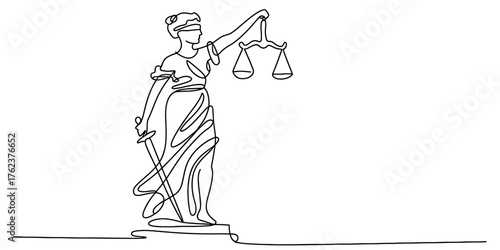 Continuous one line drawing of lady justice holding scales of justice and sword symbolic of law and fairness vector
