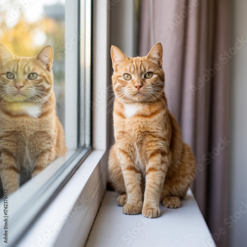 Wallpaper Mural Orange Tabby Cat on White Windowsill — Close-up Golden Light Pet Portrait with Copy Space, Cozy Home Header Torontodigital.ca