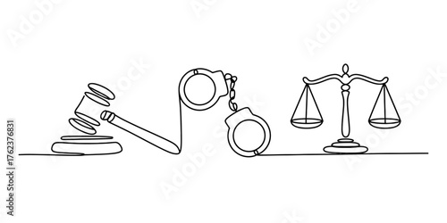 Single continuous line drawing art depicting a gavel handcuffs and scales of justice representing law and order vector