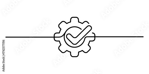 Minimalist continuous one line drawing of a cogwheel with a checkmark symbol representing approval and efficiency vector