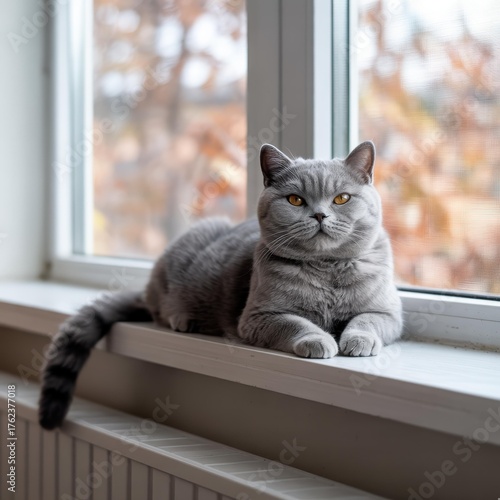 Wallpaper Mural Gray British Shorthair on Windowsill — Amber Eyes, Cozy Autumn Pet Portrait Torontodigital.ca