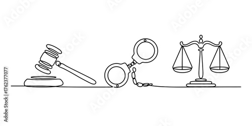 Single continuous line drawing art depicting a gavel handcuffs and scales of justice representing law and order vector