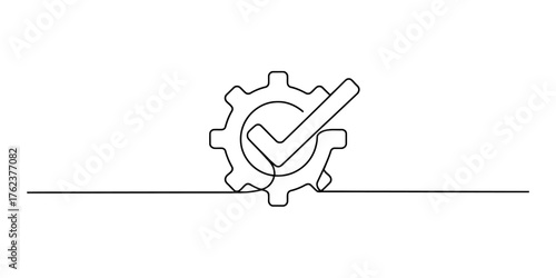 Continuous one line drawing of a gear with a checkmark symbolizing approval and operational success in a minimalist sketch style vector