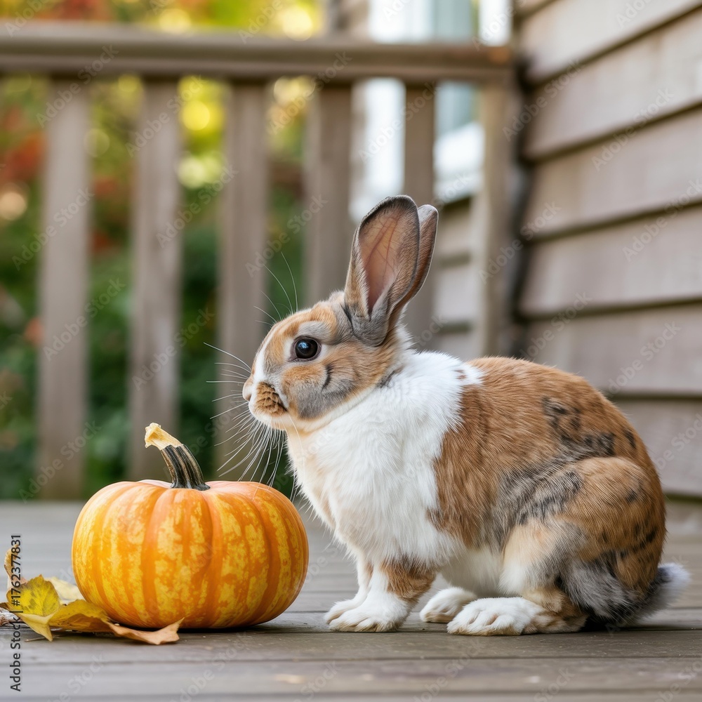 Obraz premium Brown & White Bunny with Pumpkin on Porch — Cozy Fall Greeting Card